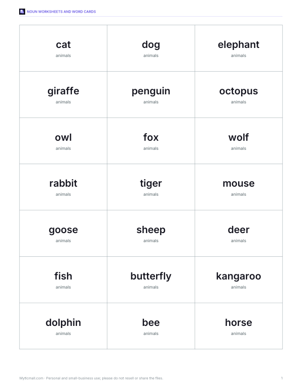 Preview of Printable Animals Word Cards
