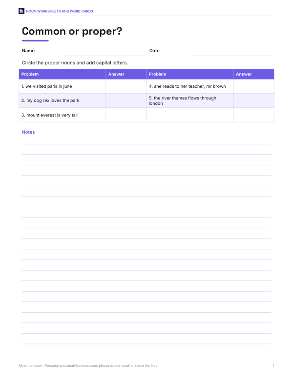Preview of Common or Proper Noun Worksheet