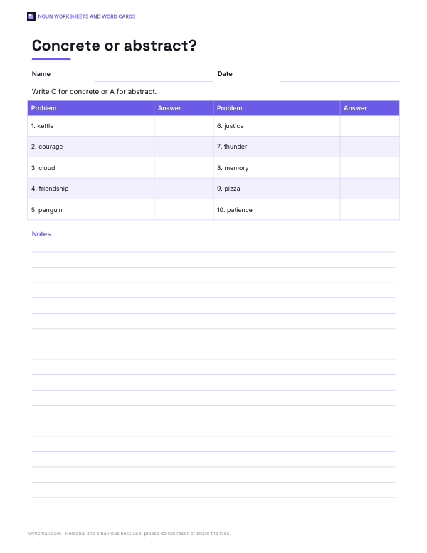 Preview of Concrete or Abstract Noun Worksheet