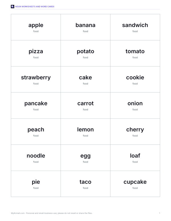 Preview of Printable Food Word Cards