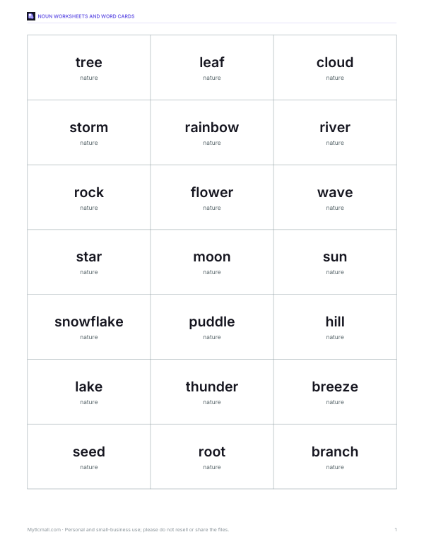 Preview of Nature Word Cards Printable