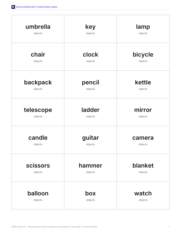 Preview of Printable Objects Word Cards