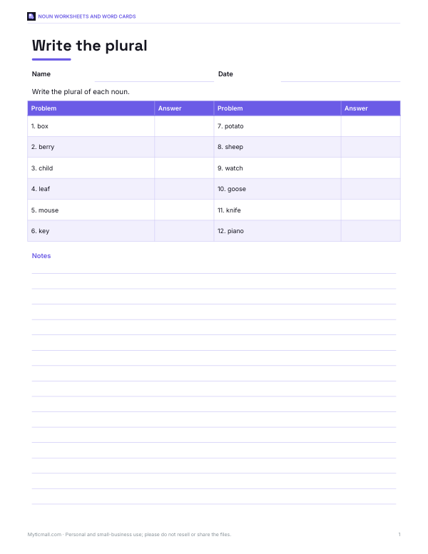 Preview of Plural Nouns Worksheet Printable